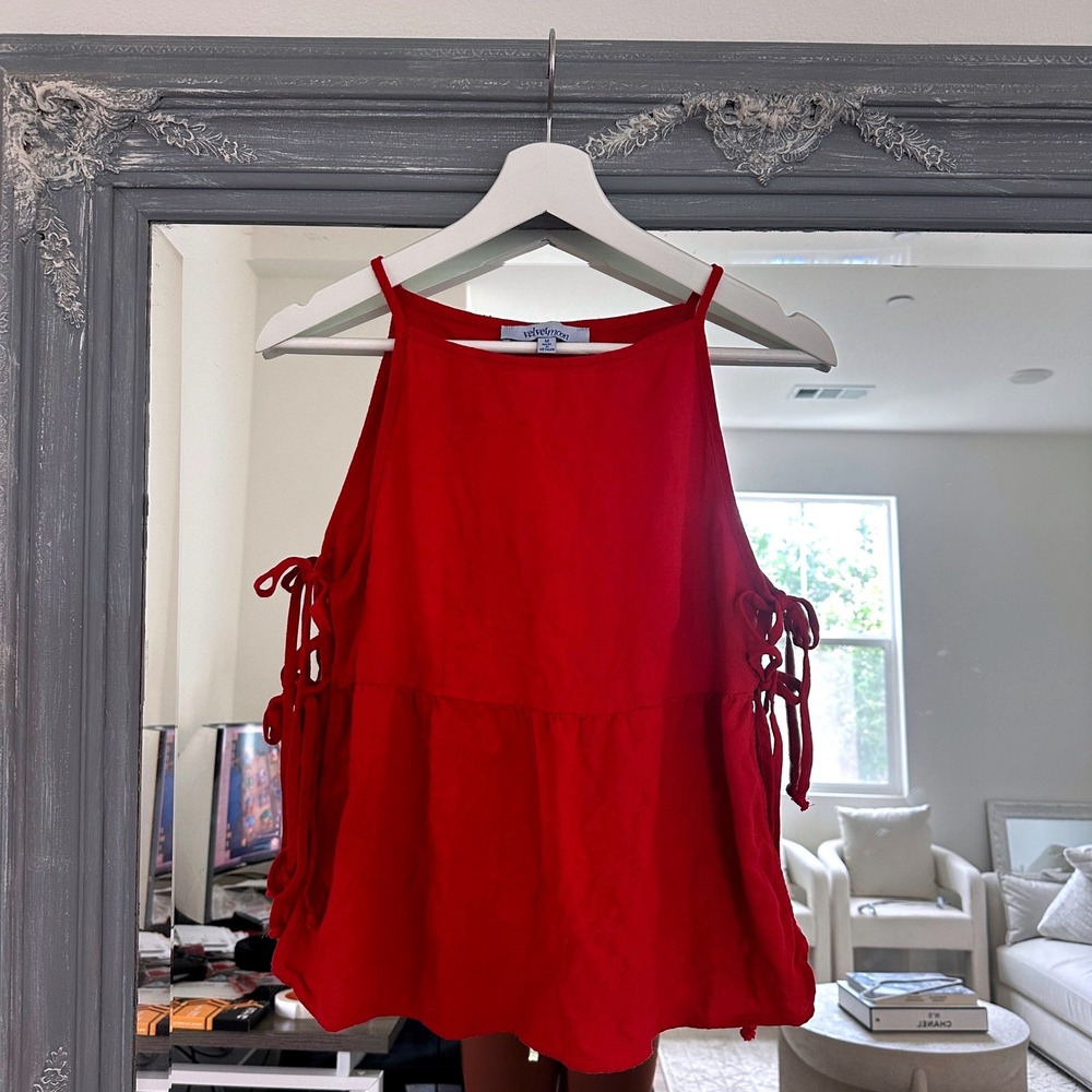 Velvet Moon 90s Red Linen High Neck Cutout Side Bow Tie Babydoll Tank Top M